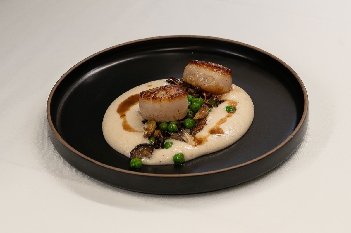 Pétoncles poêlés, purée de chou-fleur et petits pois
